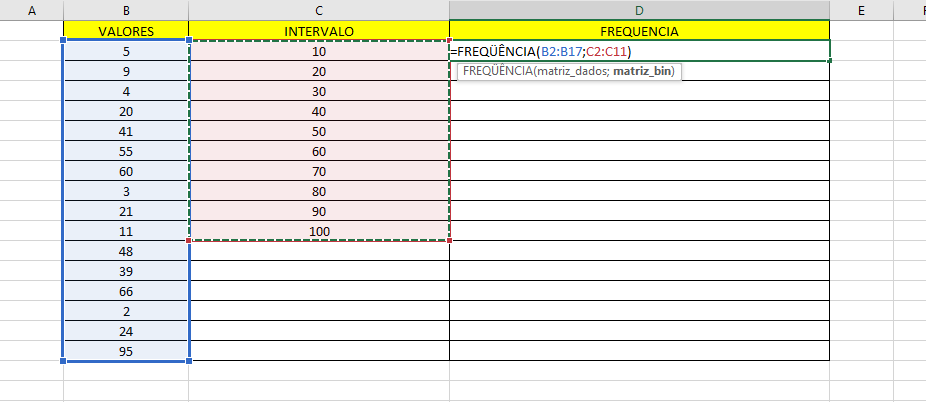 Parâmetros função FREQUENCIA