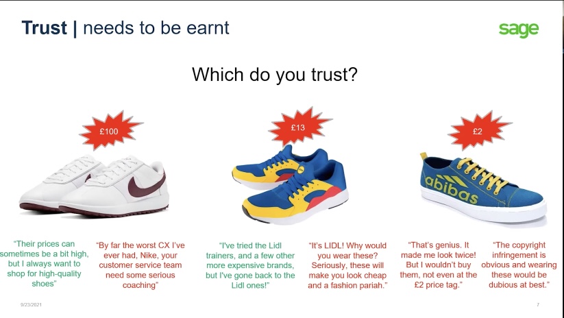 An image of three pairs of trainers, the first is £100, and from Nike, and the comments say "Their prices can sometimes be a bit high, but I always want to shop for high quality shoes" and "by far the worst CX ive ever had, Nike your customer service team need some serious coaching." then a pair costing £13, and the comments say "I've tried the Lidl trainers, and a few other more expensive brands, but I've gone back to the Lidl ones!" and "It's LIDL!" WHy would you wear these? Serious these will make you look cheap and a fashion pariah", and then a pair of counterfeit shoes priced £2 and the comments say "Thats genius. It made me look twice! But I wouldn't buy them, not even at a £2 price tag." and "The copyright infringement is obvious and wearing these would be dubious at best".
