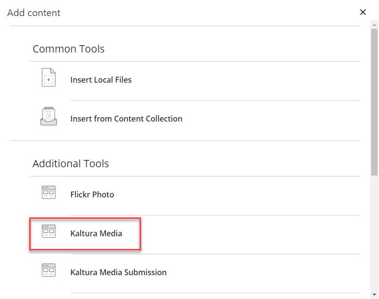 Add Content with Kaltura Media highlighted