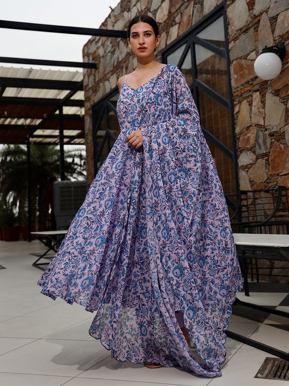 the loom - Blue Off White Printed Georgette Anarkali Kurta