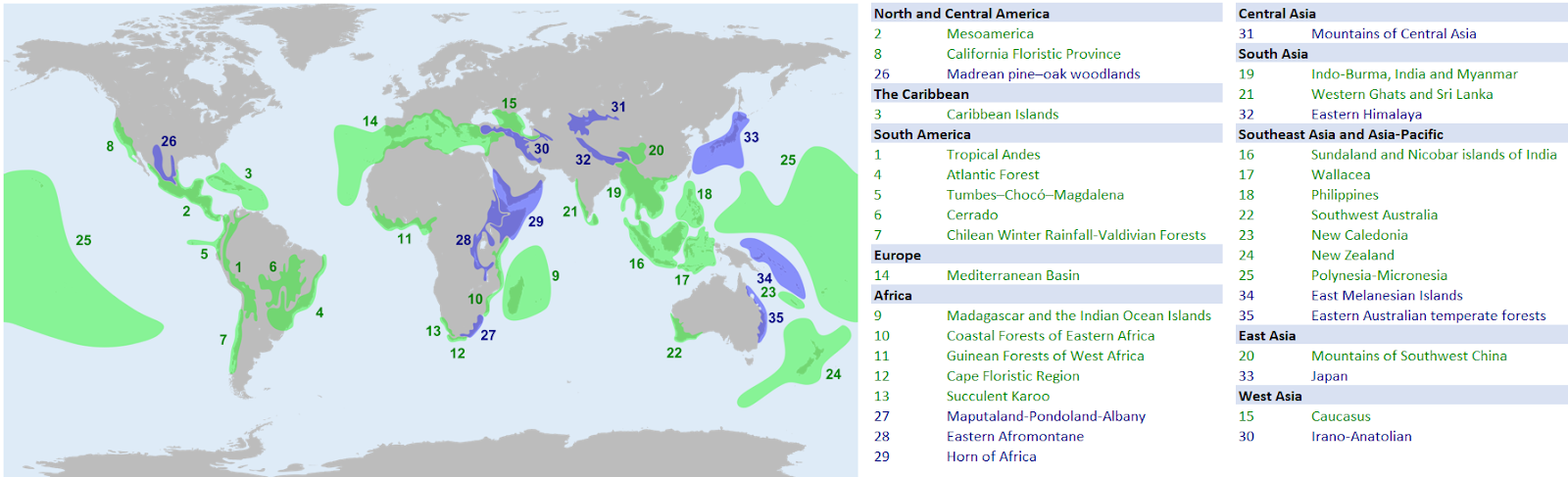 On the left is a world map labeled in green and purple with numbers. The right shows the name of the location that each of the numbers on the world map mark. The green locations are the original biodiversity hotspots and the purple are added regions. There are currently 35 total hotspots. 