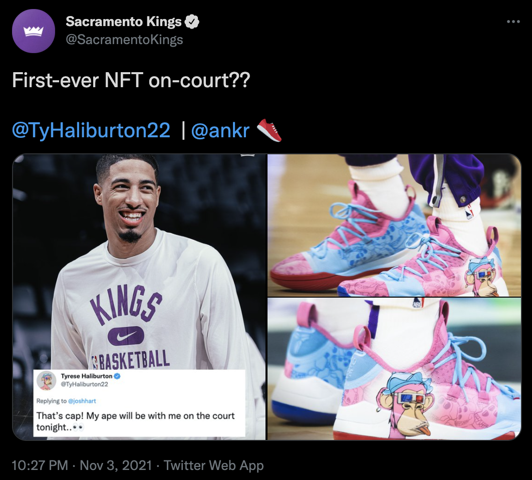 A screenshot of the Sacramento Kings’ tweet sharing Tyrese Haliburton’s custom basketball shoes featuring his Bored Ape logo.