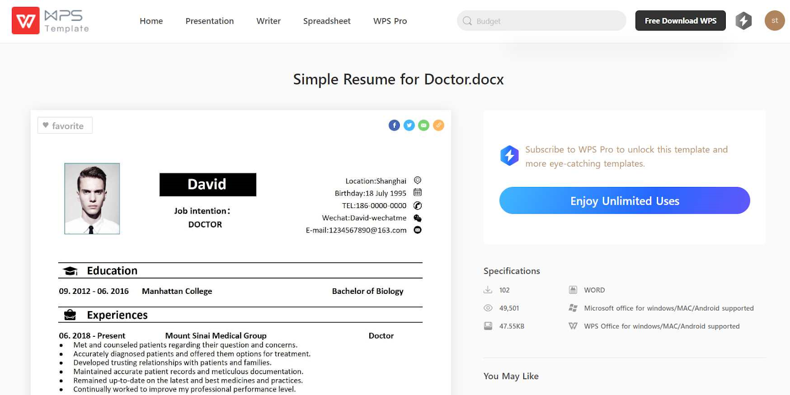 Simple Resume for Doctor