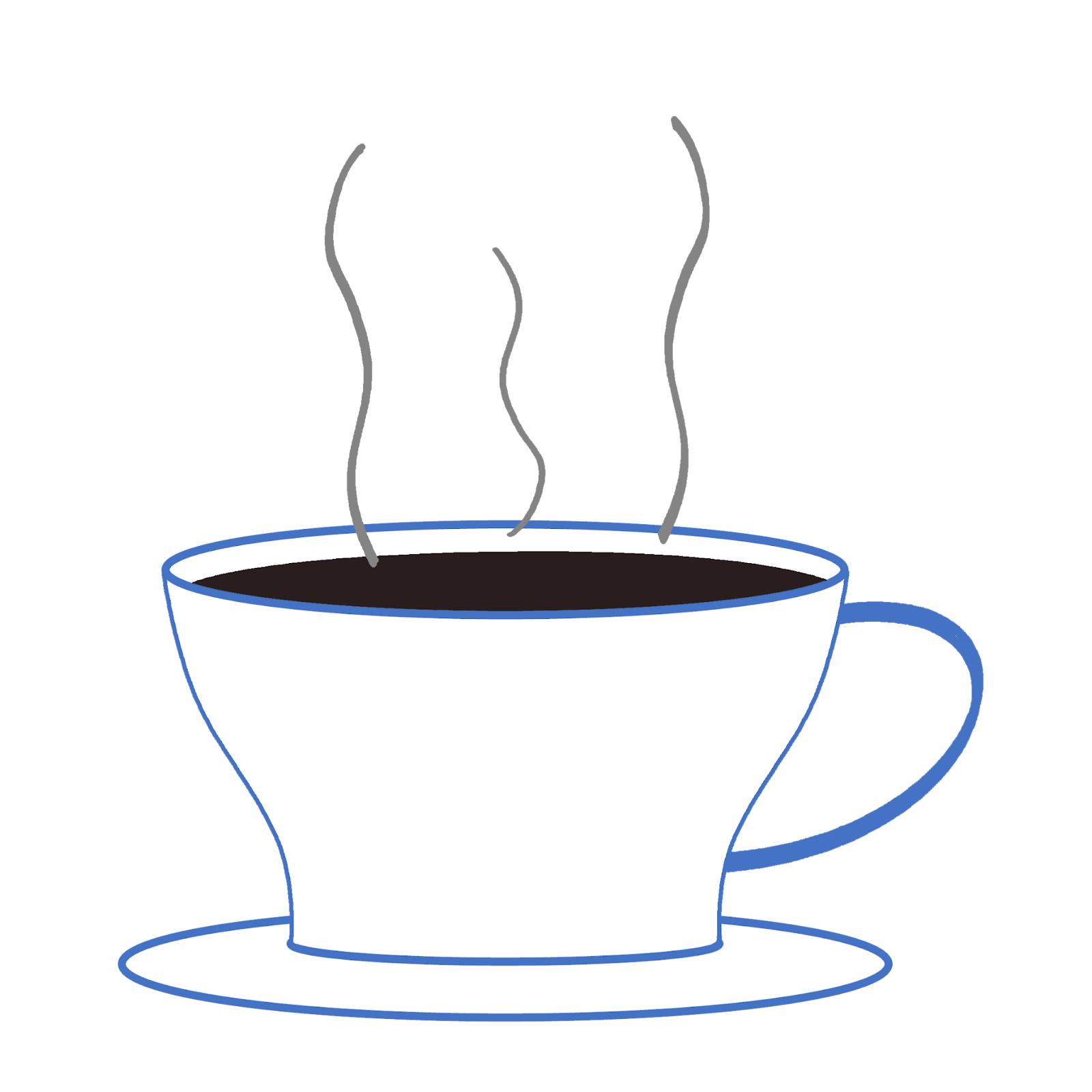 A clipart drawing of a cup of coffee with steam coming from the coffee.