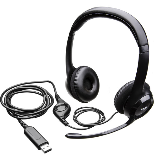 black headset with small microphone attached, wires coiled with a USB end