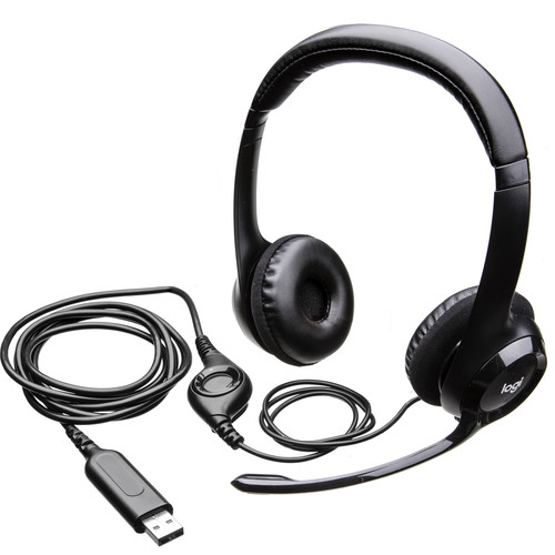 two ear headset black headset with small microphone attached, wires coiled with a USB end