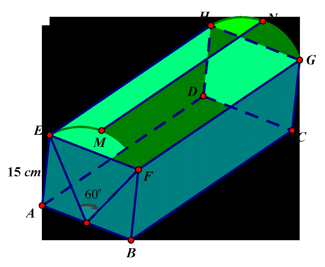 Một hộp nữ trang gồm phần thân là một hình hộp chữ nhật (ABC D.EFGH)làm bằng gỗ có (AB = AE = 15{rm{cm,}},BC = 20{rm{cm}})và phần nắp là một phần của hình trụ làm bằng kính có tâm (I)của một đáy là trung điểm (AB), bán kính (IE), (widehat {EIF} = 60^circ ) (như hình vẽ). Biết giá gỗ 2 triệu/m<sup>2</sup>, giá kính 1,5 triệu/m<sup>2</sup>. Giá vật liệu (<em>lấy gần đúng đến hàng đơn vị</em>) để làm một hộp nữ trang bằng bao nhiêu? 2