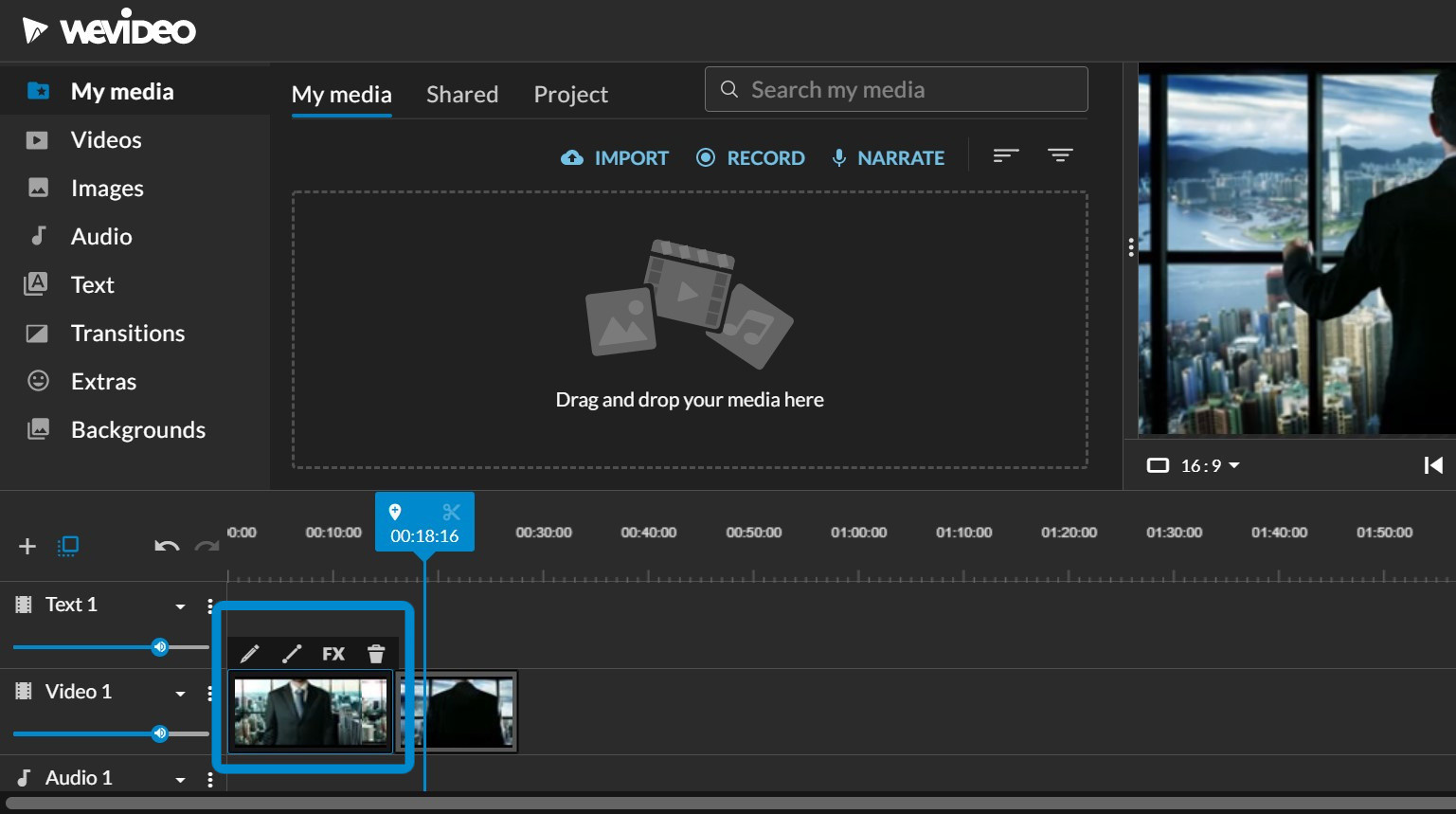 WeVideo web editor with a blue rectangular outline highlighting a clip selected in the timeline.
