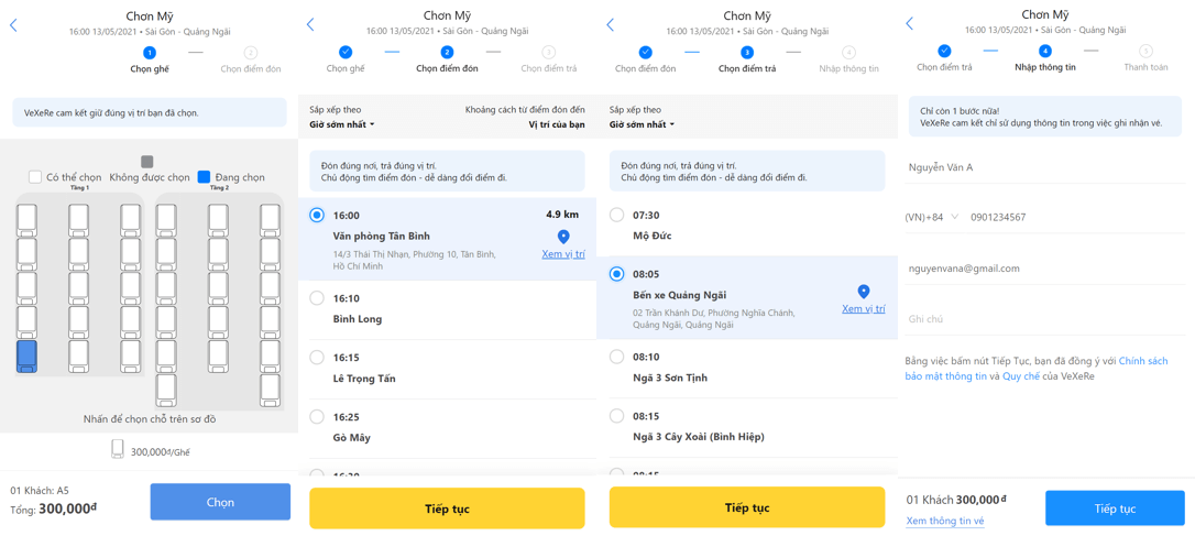 Chọn giờ, chỗ mong muốn, điểm đón/trả và điền đầy đủ thông tin.