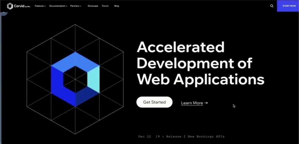 A web page for Corvid that has the text "accelerated development of web applications" in large text. 