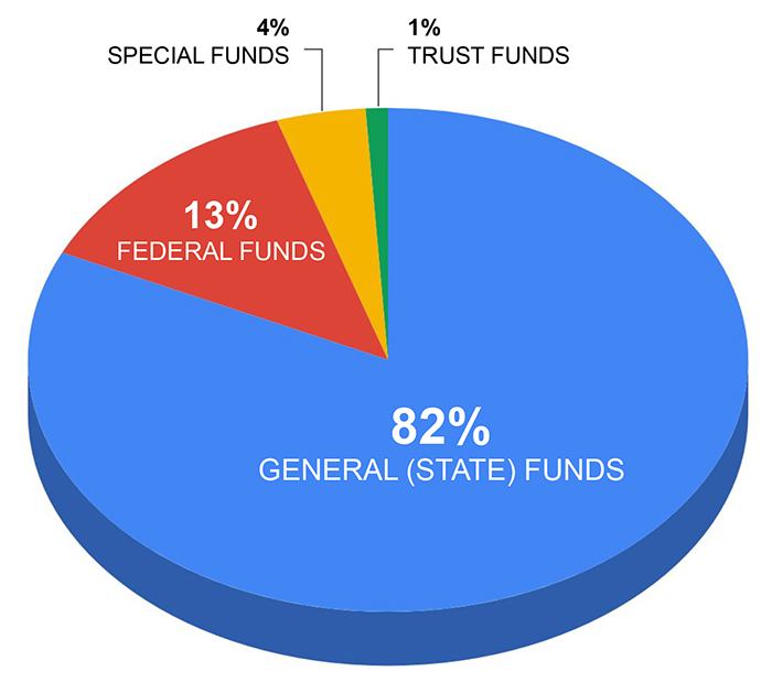 FY20 pie chart: 82% general (state) funds, 13% federal funds, 4% special funds, 1% trust funds.