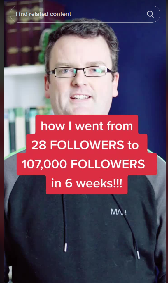 A screenshot of a man on social media and some text in the middle saying "how I went from 28 followers to 107,000 followers in 6 weeks!!!"