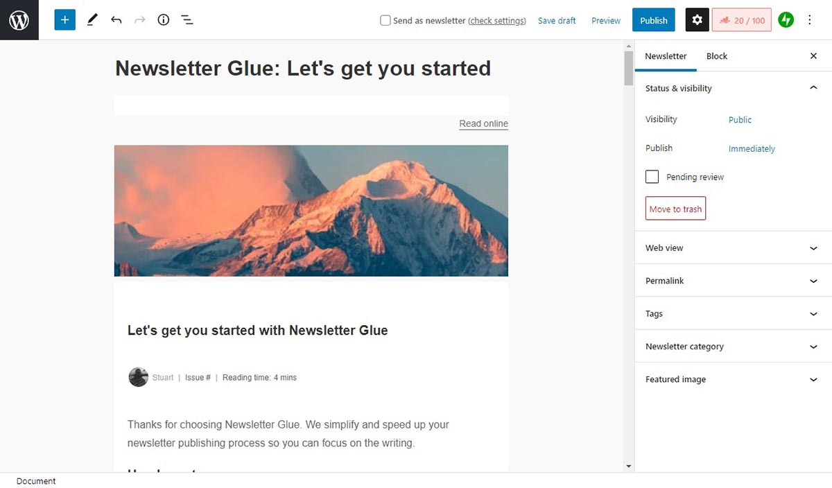 A screenshot of the Newsletter Glue demo post. 