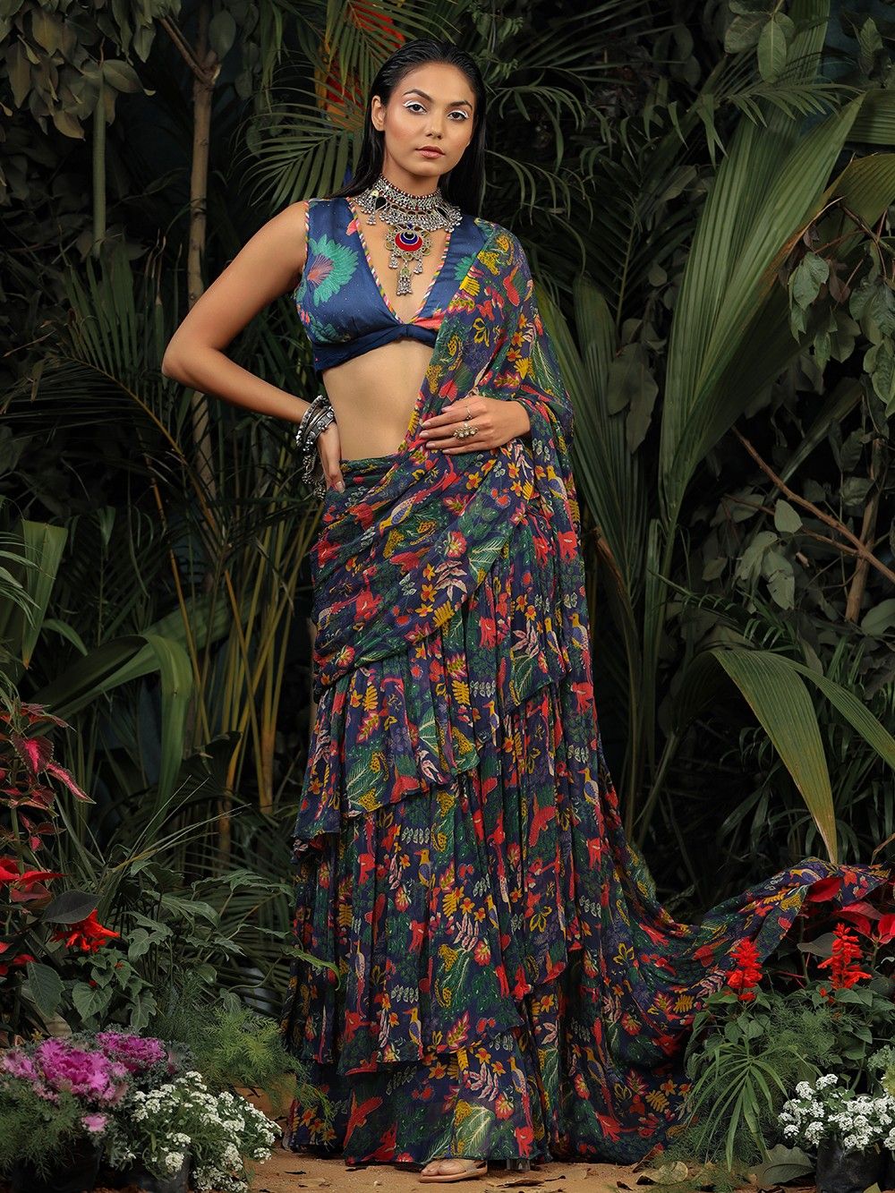 the loom - Blue Printed Chiffon Tiered Saree
