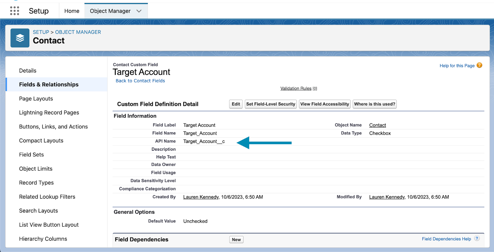 Setting the API Name on the Contact field in Salesforce