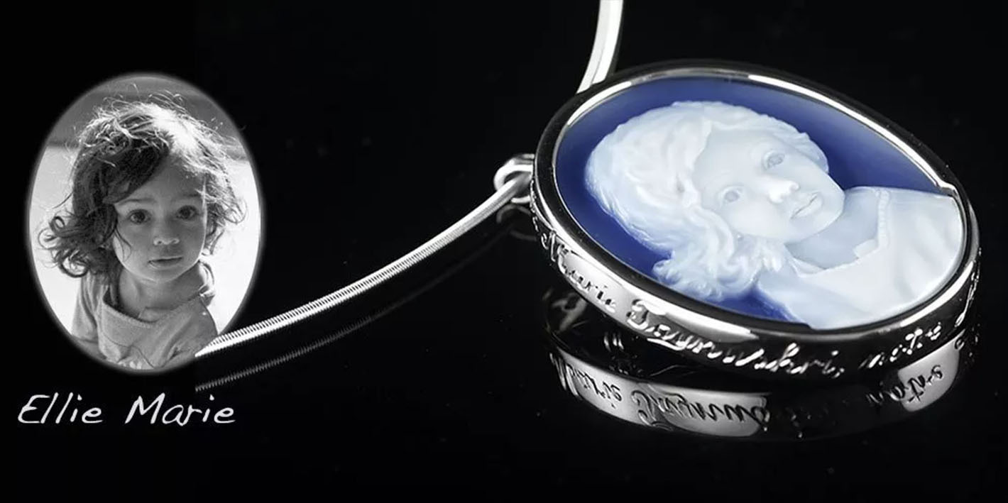 Ellie Marie cameo with blue backing by Portrait Cameos, Custom Fine Jewellery