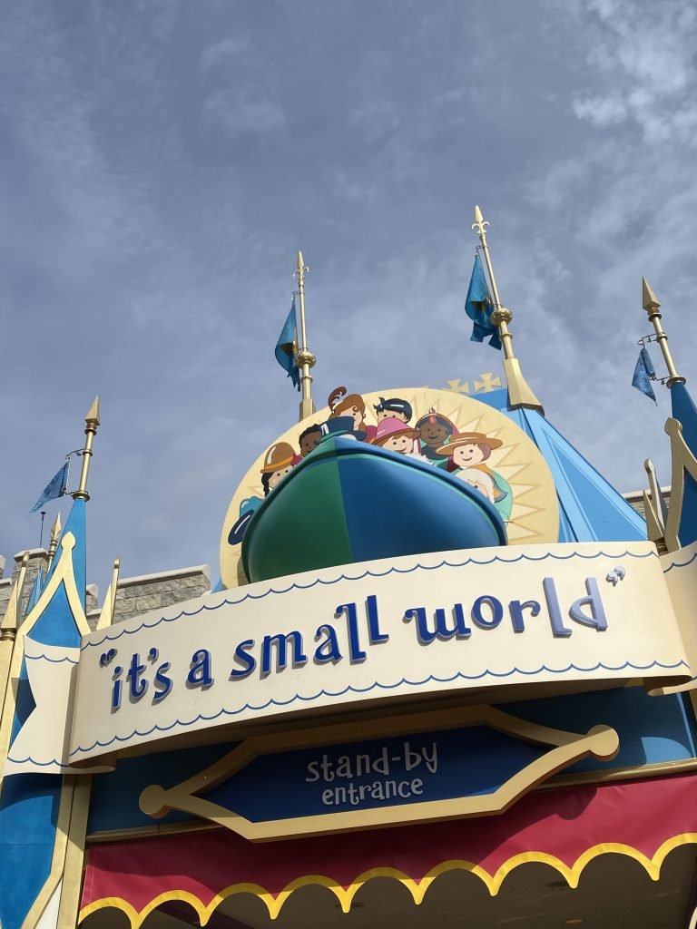 The outside of It’s a Small World. Photo by Disney podcast @podmagical.