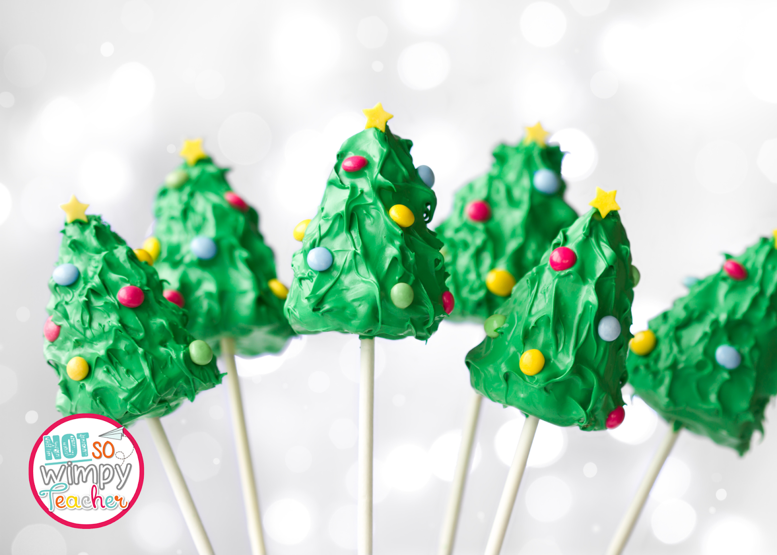 This image shows the Christmas Tree Cake Pops. You can make these with your students as a simple holiday activity. 