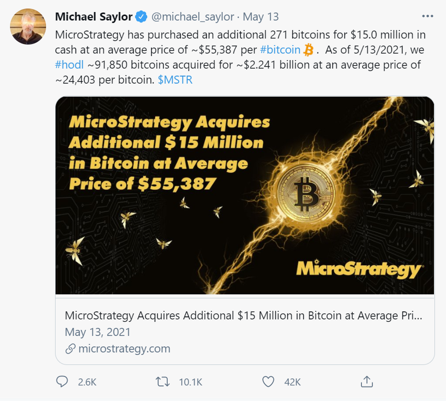Tweet by Michael Saylor on MicroStrategy and Bitcoin