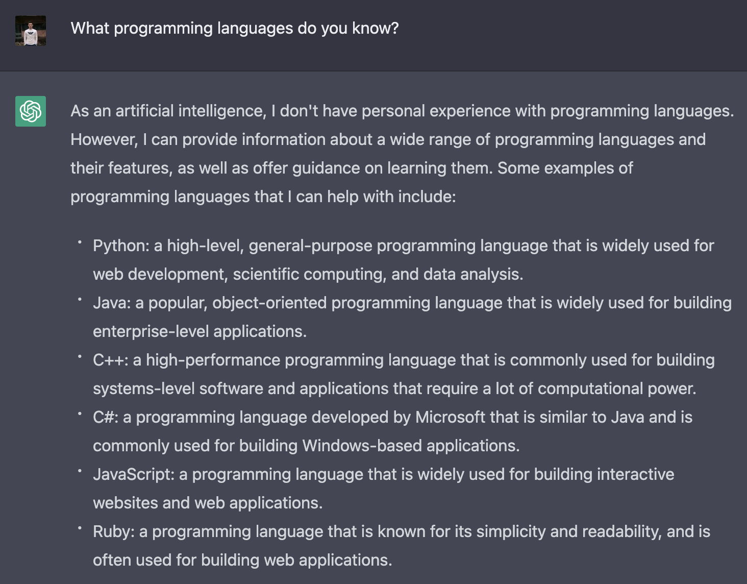 list of programming languages ChatGPT knows