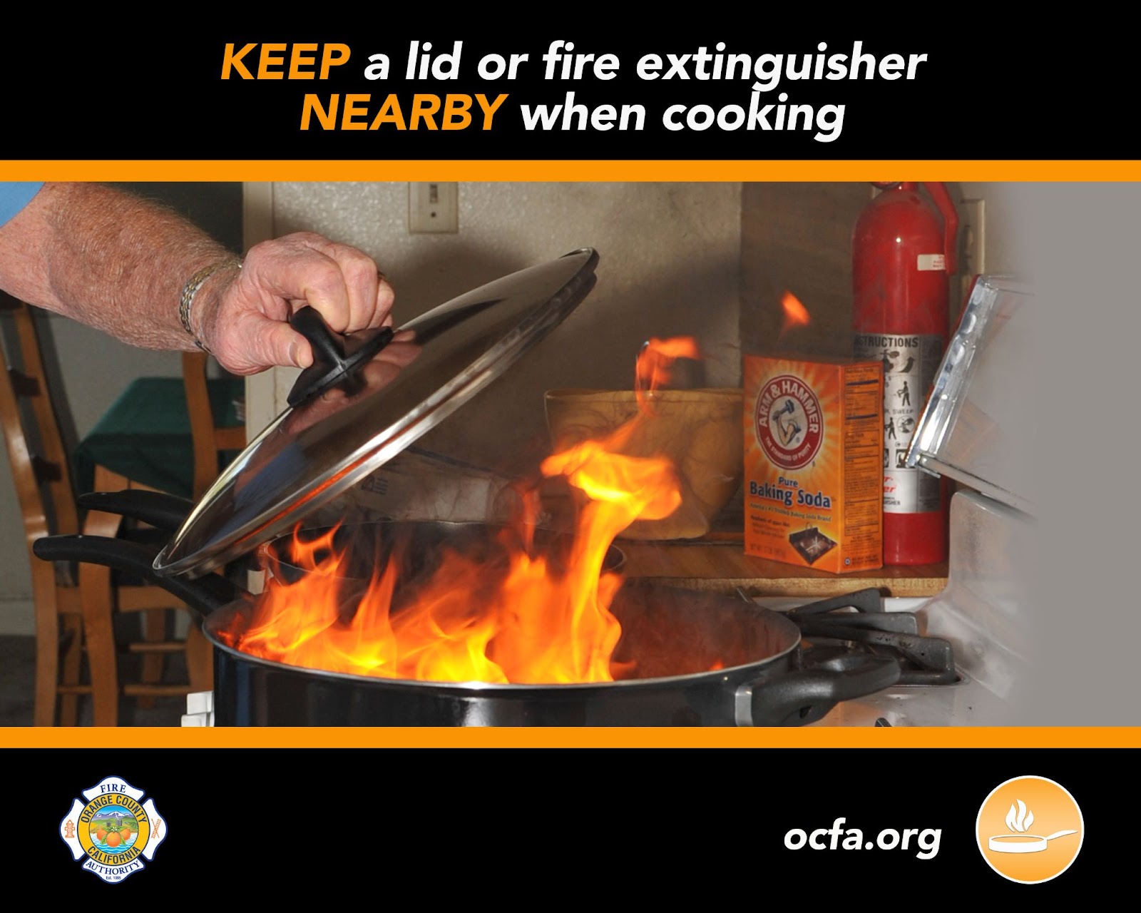 A picture of a burning pan and someone holding a lid and a fire extinguisher in the corner that said Keep a lid or fire extinguisher nearby when cooking