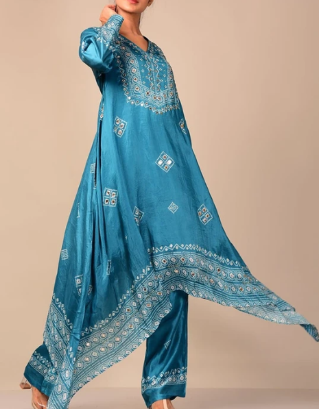 Bright Blue Bandhani Han Embroidery Kurti Set 