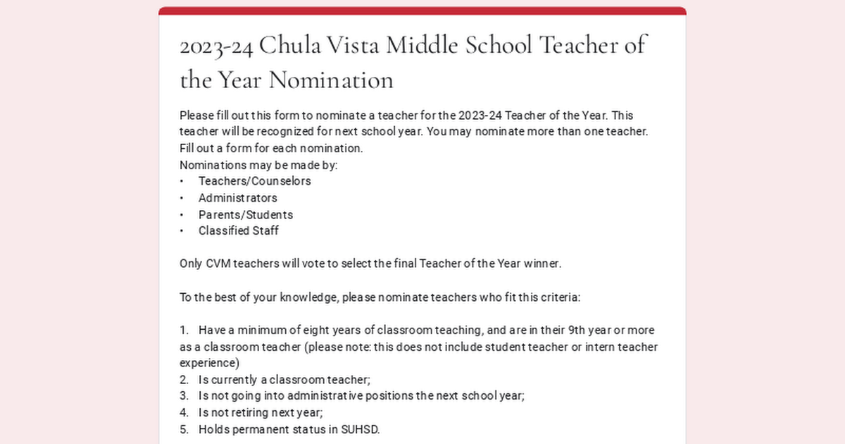 2023-24 Chula Vista Middle School Teacher of the Year Nomination