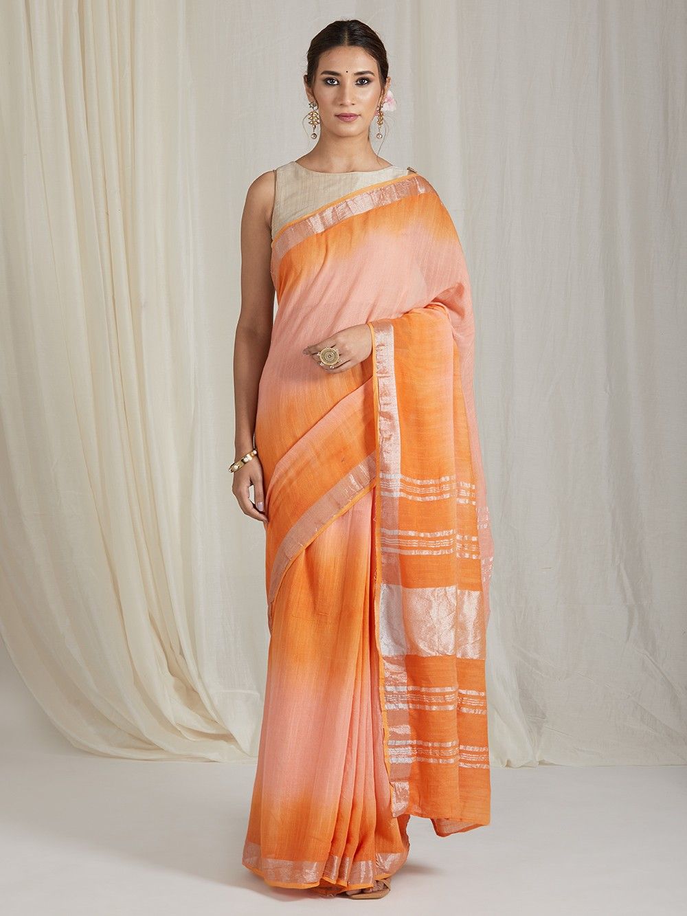 the loom - Orange Peach Ombre Linen Zari Saree