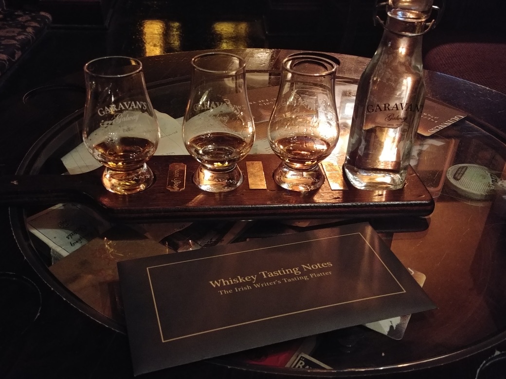 Glasses of Irish whiskey lined up for a tasting 