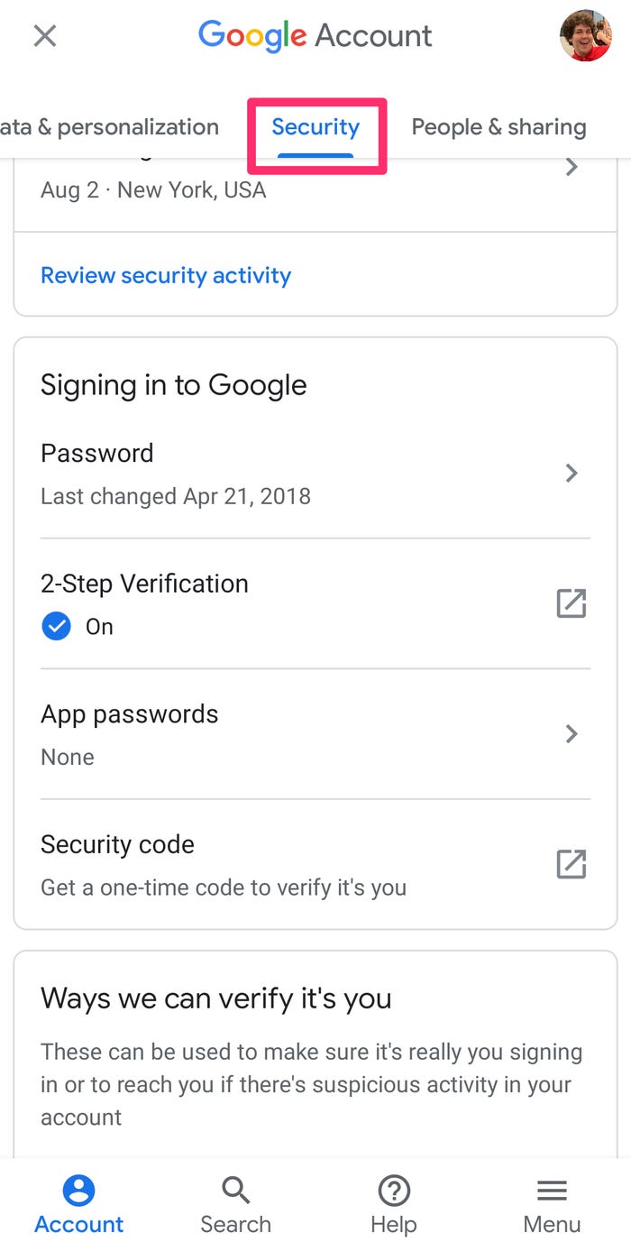 Screenshot of Security tab on Android Settings app
