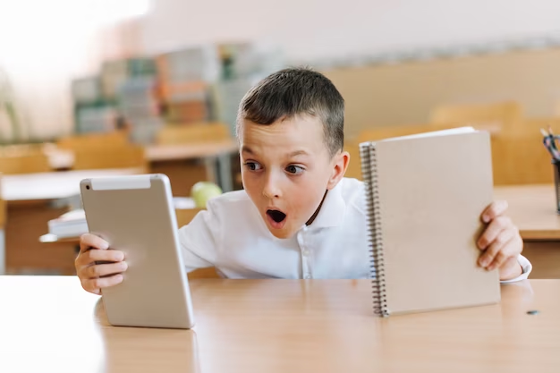 Surprised boy holding a tablet and notepad in his hands