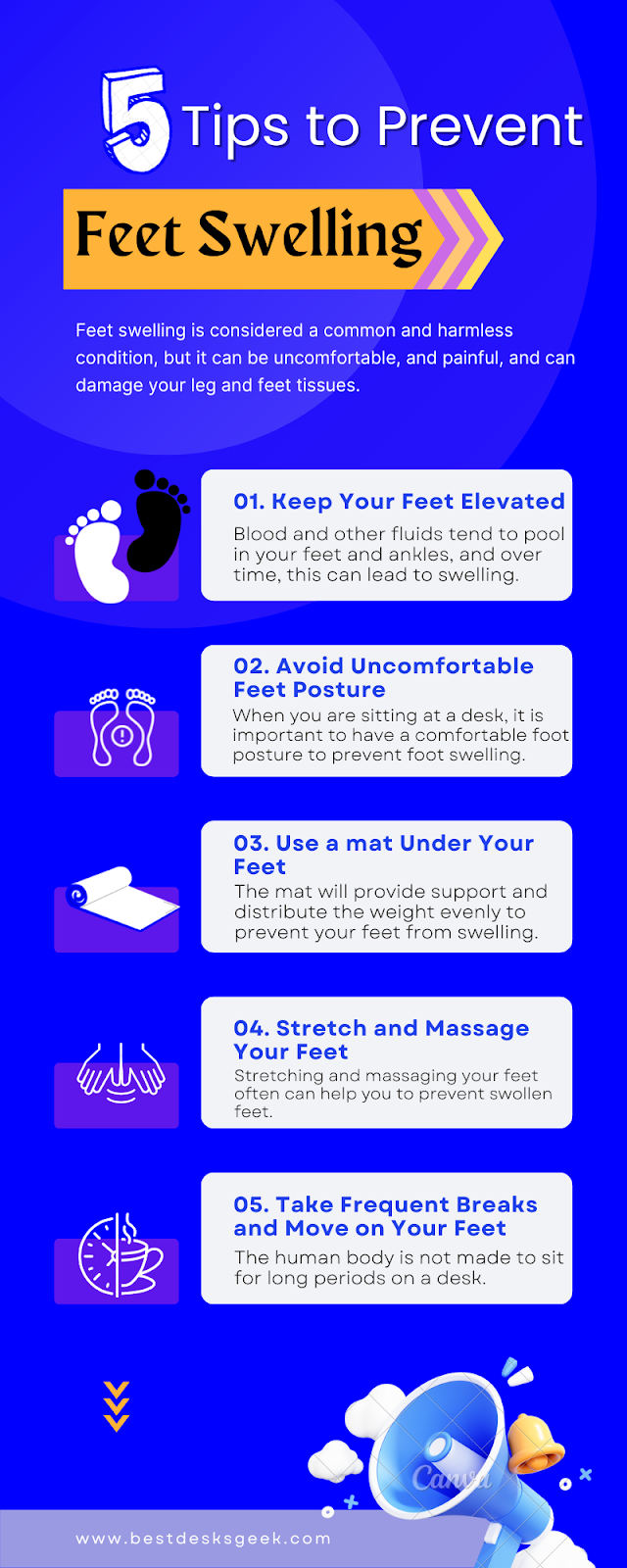 An infographic showing Tips to Prevent Feet Swelling