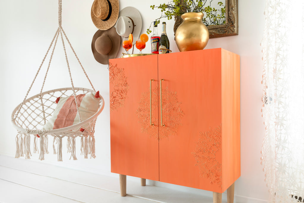 Drinks cabinet / MDF Cabinet with raised stencilling painted in Aperol Spritz Milk Paint by Fusion