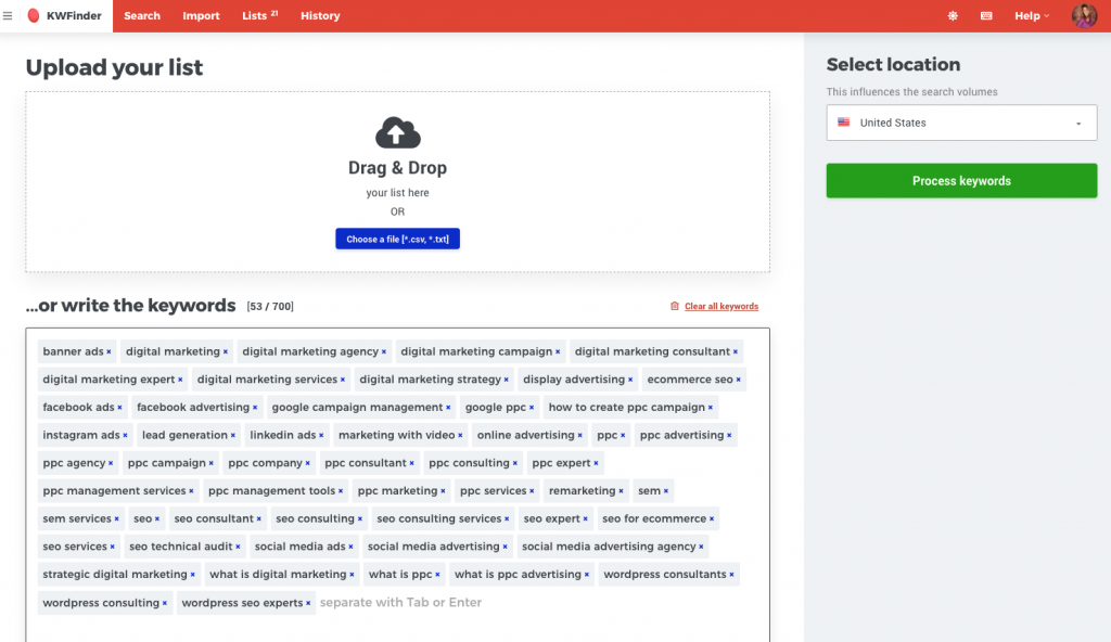 creazione di una strategia di parole chiave con kw finder