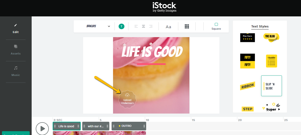 Screenshot on how to add a logo or watermark to content in iStock Editor. 