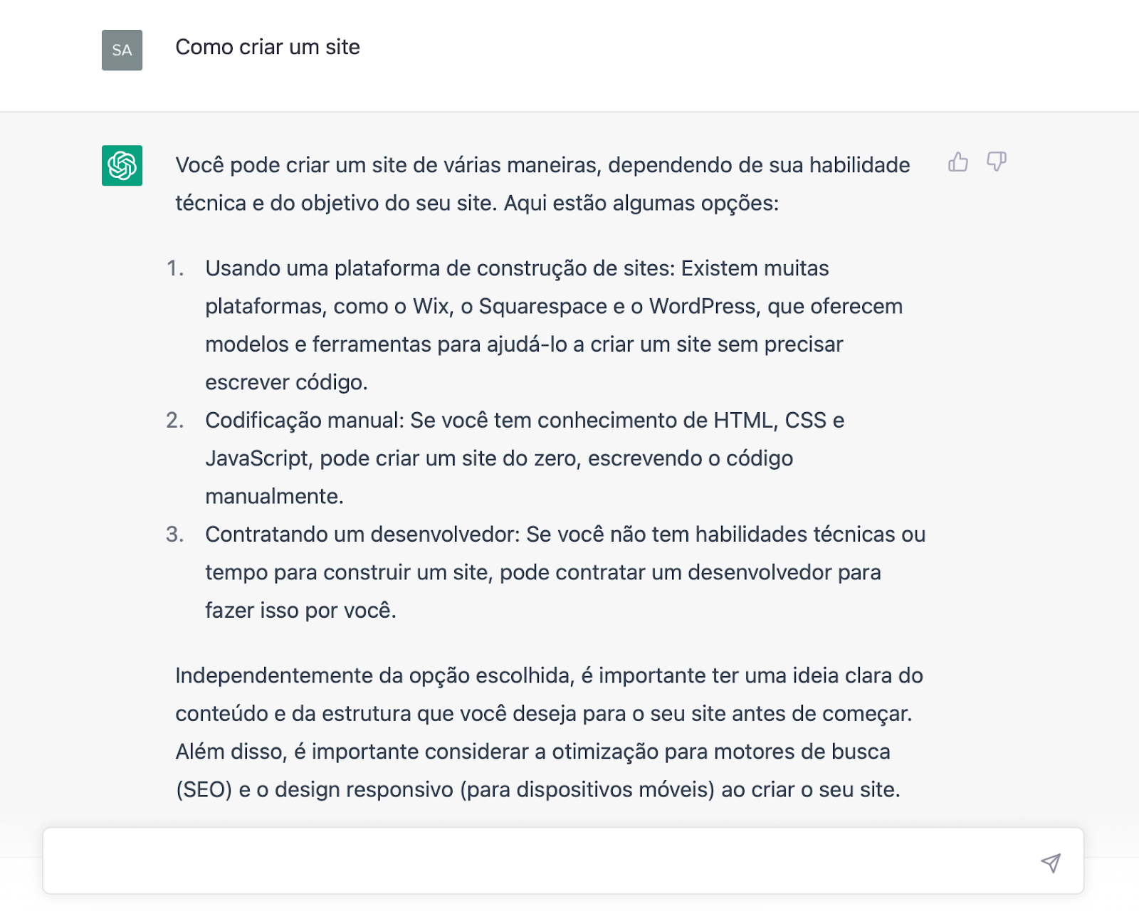 chatgpt respondendo à pergunta "como criar um site"