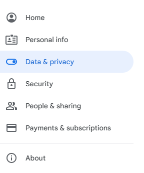 'Data & privacy' menu option in Google account