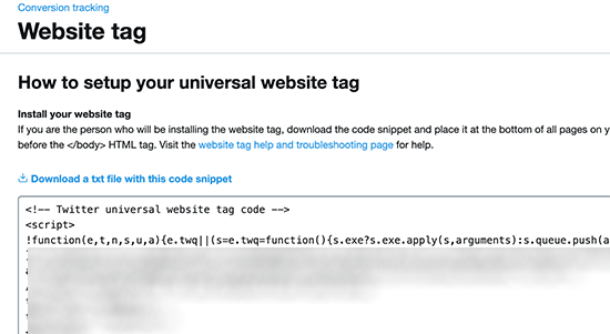 Copie a tag do site de rastreamento de conversões do Twitter