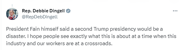 Representative Dingell tweet about UAW President Sean Fain talking about Trump