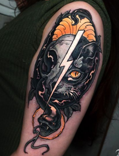 Black Snake With Cat Tattoo Design On Shoulder 