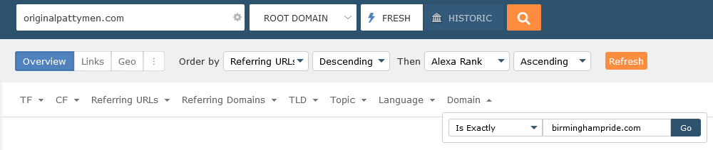 Applicazione del filtro Domain nell'uso della funzionalità Referring Domains di Majestic per verificare la presenza di un backlink da un dominio