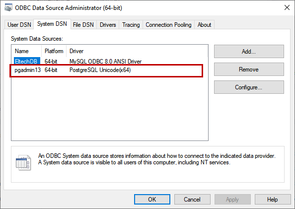 PostgreSQL ODBC Driver: Check System DSN Screen