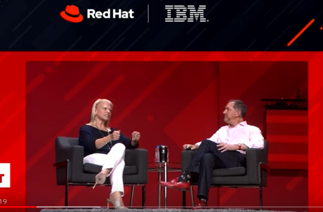 Ginni Rometty talks with Jim Whitehurst. Courtesy of WRAL Techwire, Rick SmithGinni Rometty, IBM CEO (left), dons the power color blue that communicates formality. Whitehurt (right), pairs red Italian loafers with well fitting trousers. The fundamen…