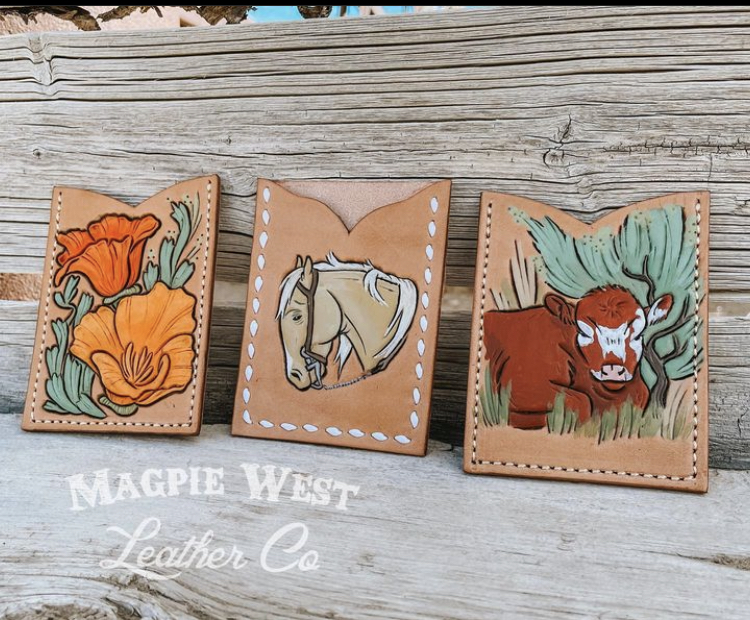 Magpie West Leather Co - Tooled leather wallet - floral, horse, and cow - V cut 