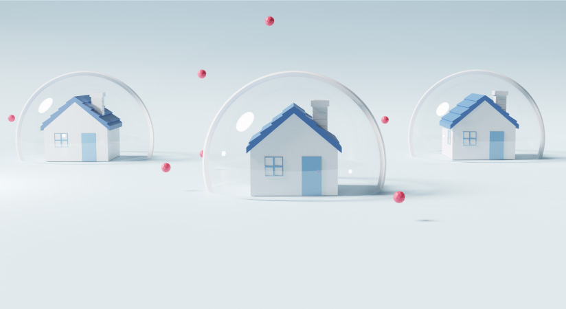 A computer-generated image of three toy houses, each enclosed in a soap bubble — representing the concept of a “housing bubble.”