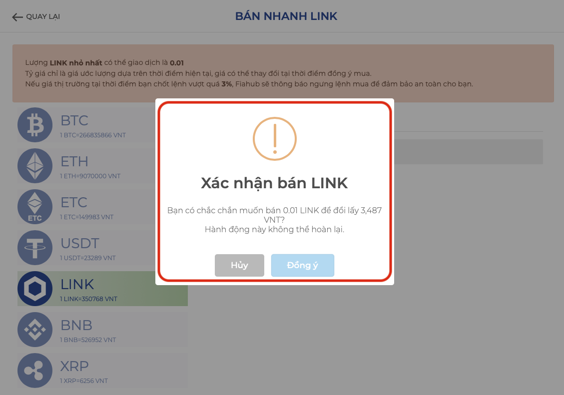 Xác nhận bán LINK. © Ảnh chụp màn hình.