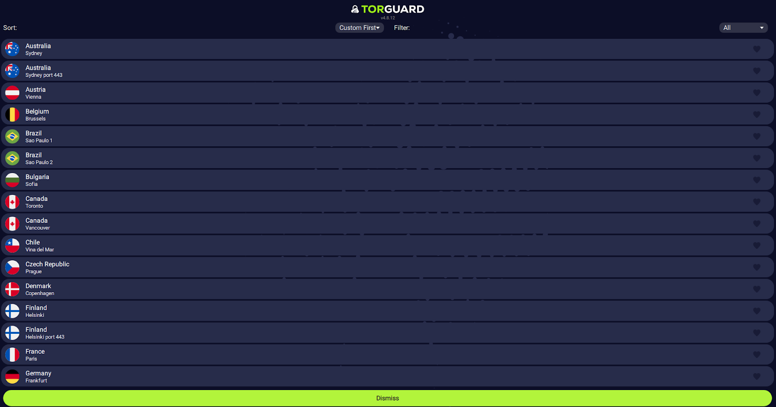 VPN server location list in TorGuard app