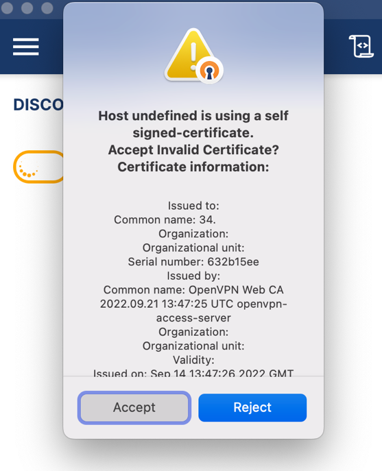 A screenshot of the OpenVPN Connect interface showing a popup window requesting confirmation to accept self-signed certificates.