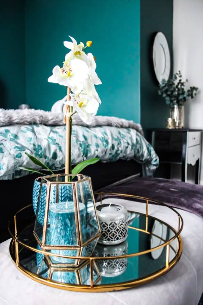 Teal and white bedroom