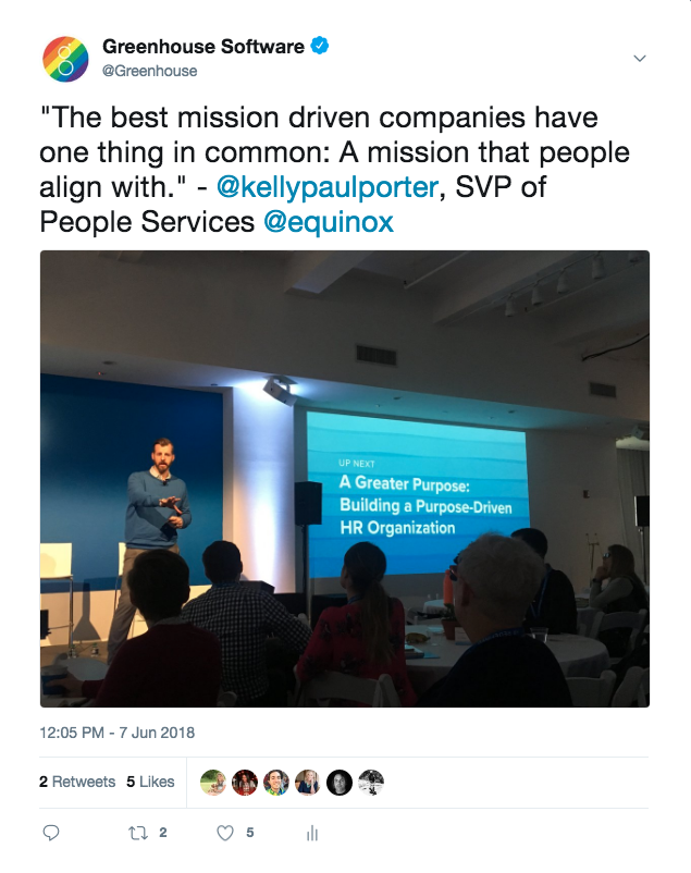 Tweet from Greenhouse Software mentioning the importance of a mission that people align with